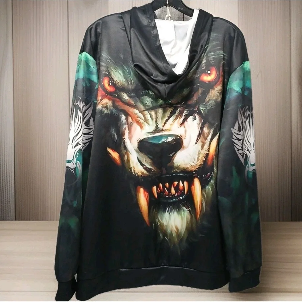 Angry Wolf 3D All‎ Over Print Hooded Pullover Longsleeve Shirt 1XL